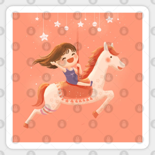 Happy Girl On Magical Horse Carousel Sticker by RorochanArt